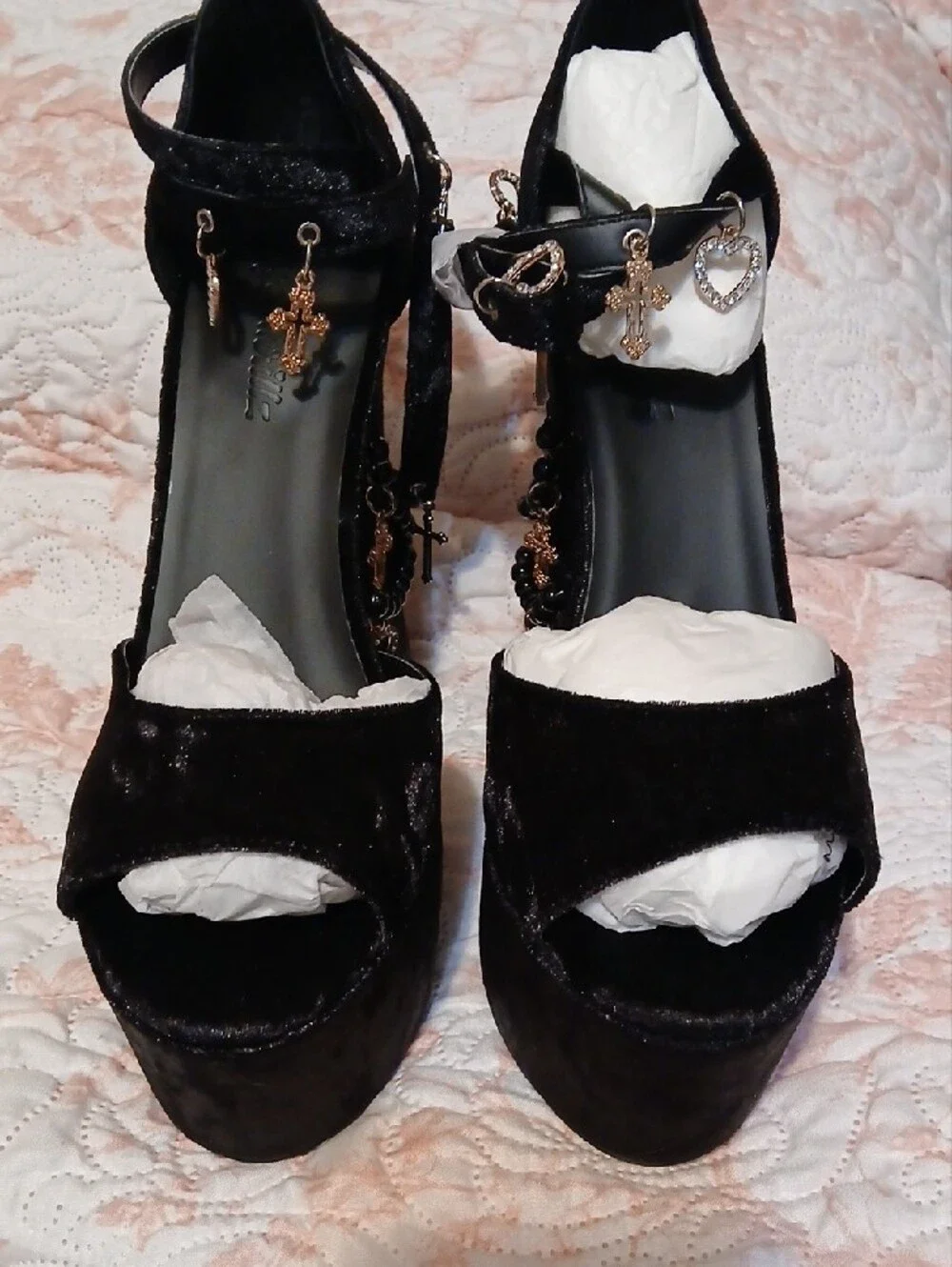 Sugar Thrillz Black Velvet Platform Heel with Heart & Cross Charms